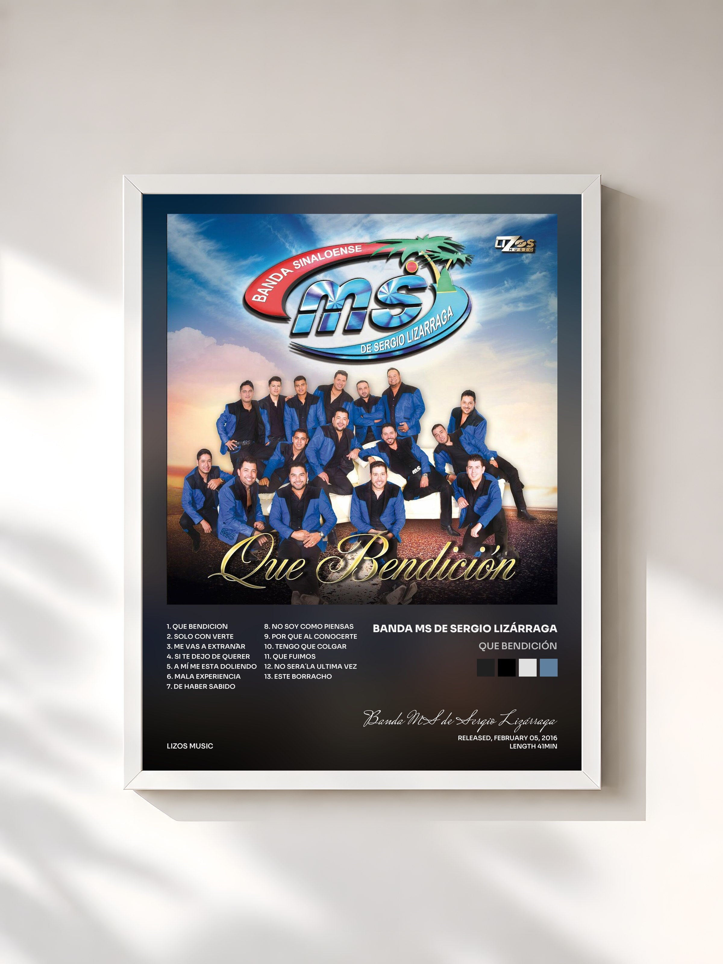 #blanc Tableau de l'album Que Bendición de Banda MS de Sergio Lizárraga, cadre blanc, imprimé et encadré en France