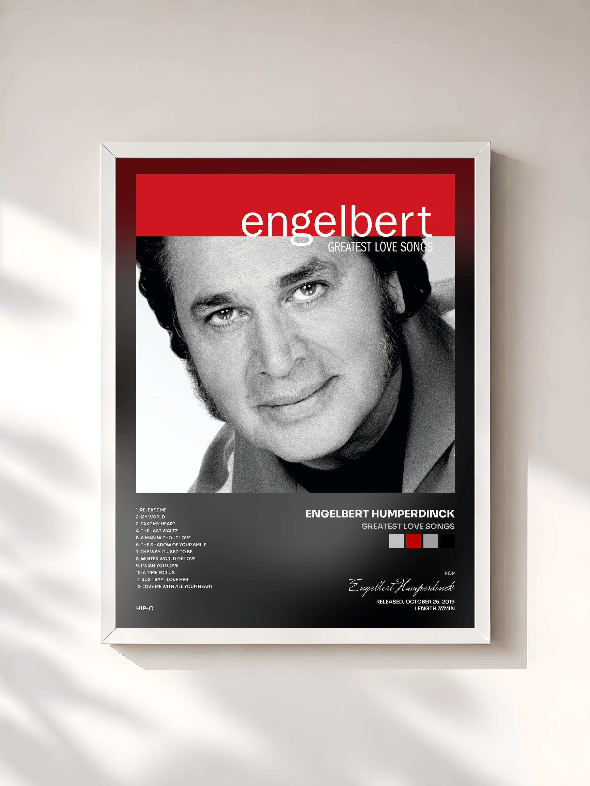 #blanc Tableau de l'album Greatest Love Songs de Engelbert Humperdinck, cadre blanc, imprimé et encadré en France