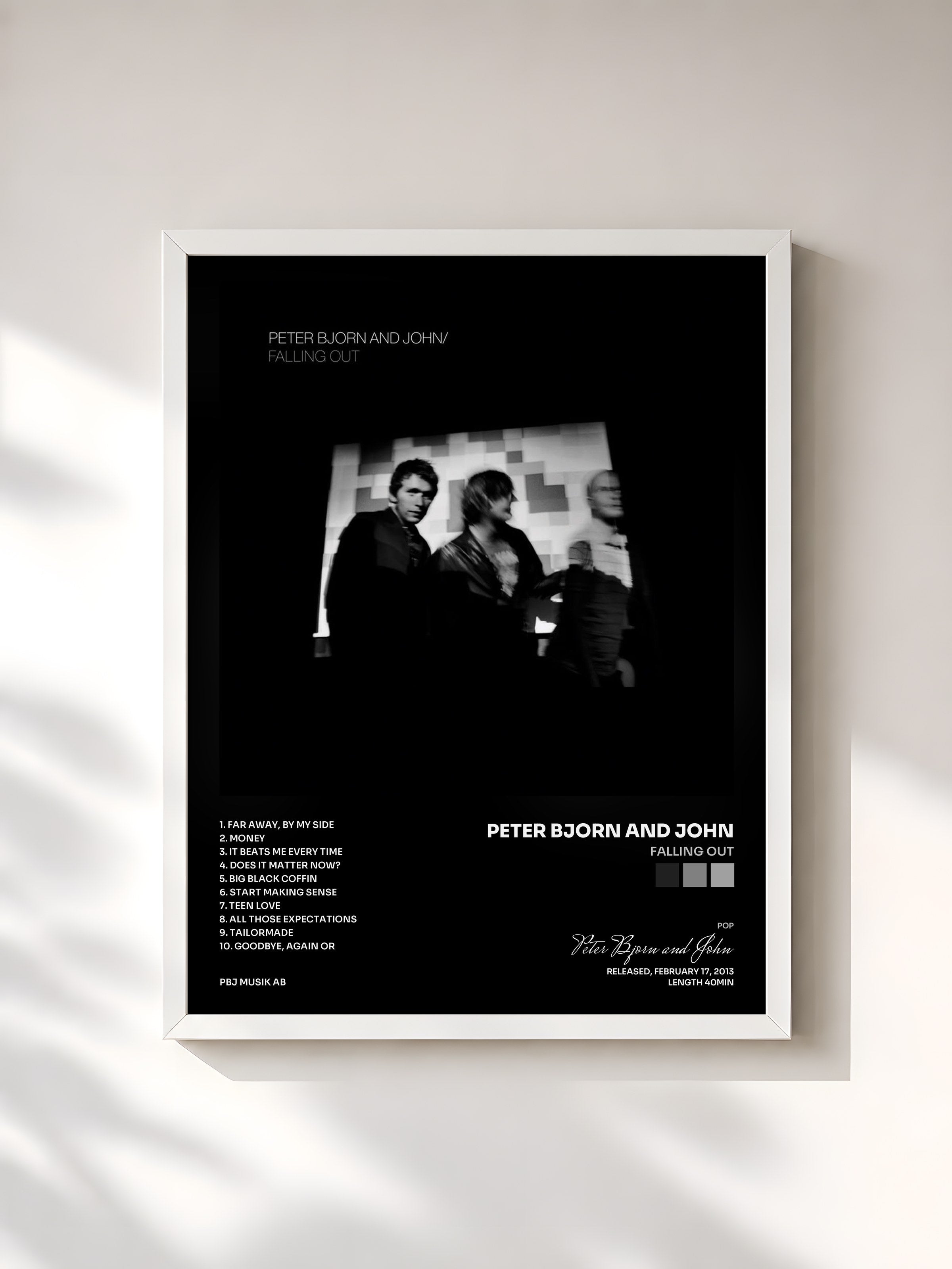 #blanc Tableau de l'album Falling Out de Peter Bjorn and John, cadre blanc, imprimé et encadré en France