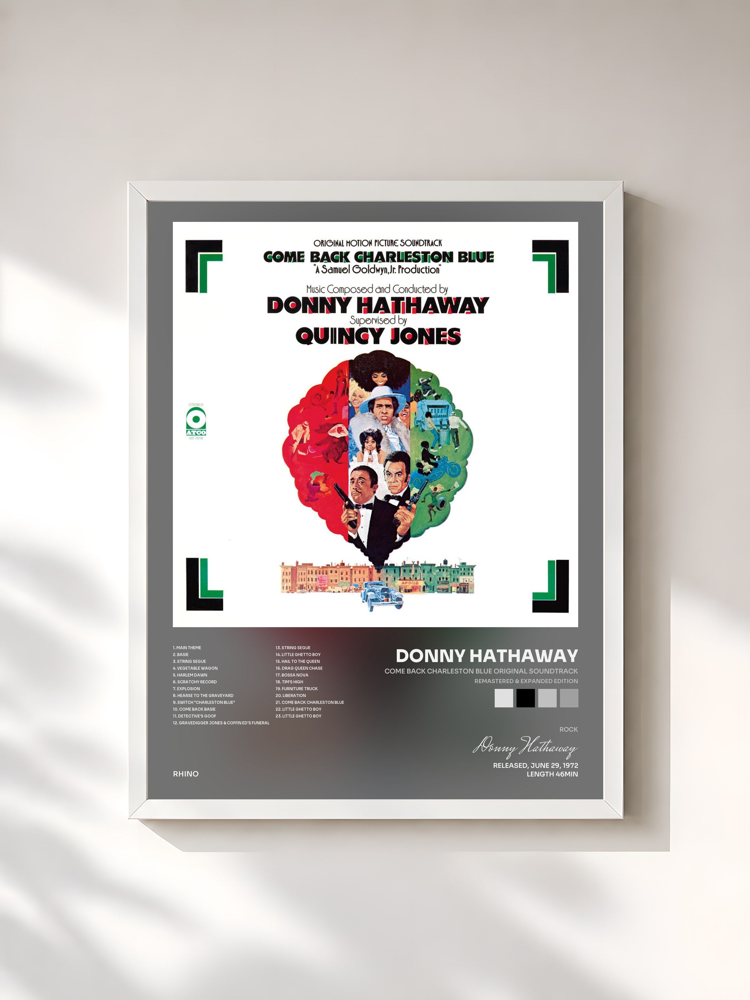 #blanc Tableau de l'album Come Back Charleston Blue Original Soundtrack (Remastered & Expanded Edition) de Donny Hathaway, cadre blanc, imprimé et encadré en France
