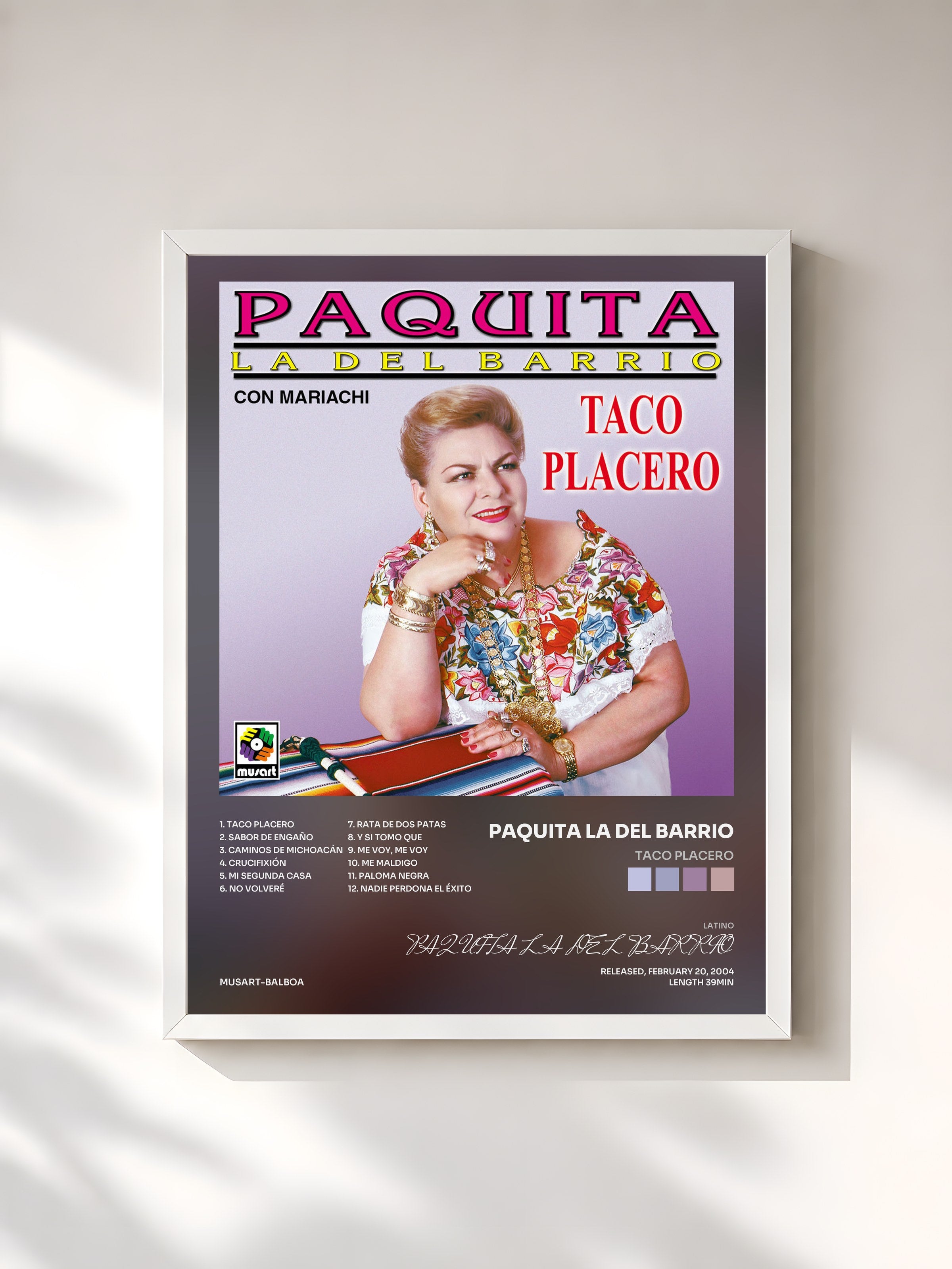 #blanc Tableau de l'album Taco Placero de PAQUITA LA DEL BARRIO, cadre blanc, imprimé et encadré en France