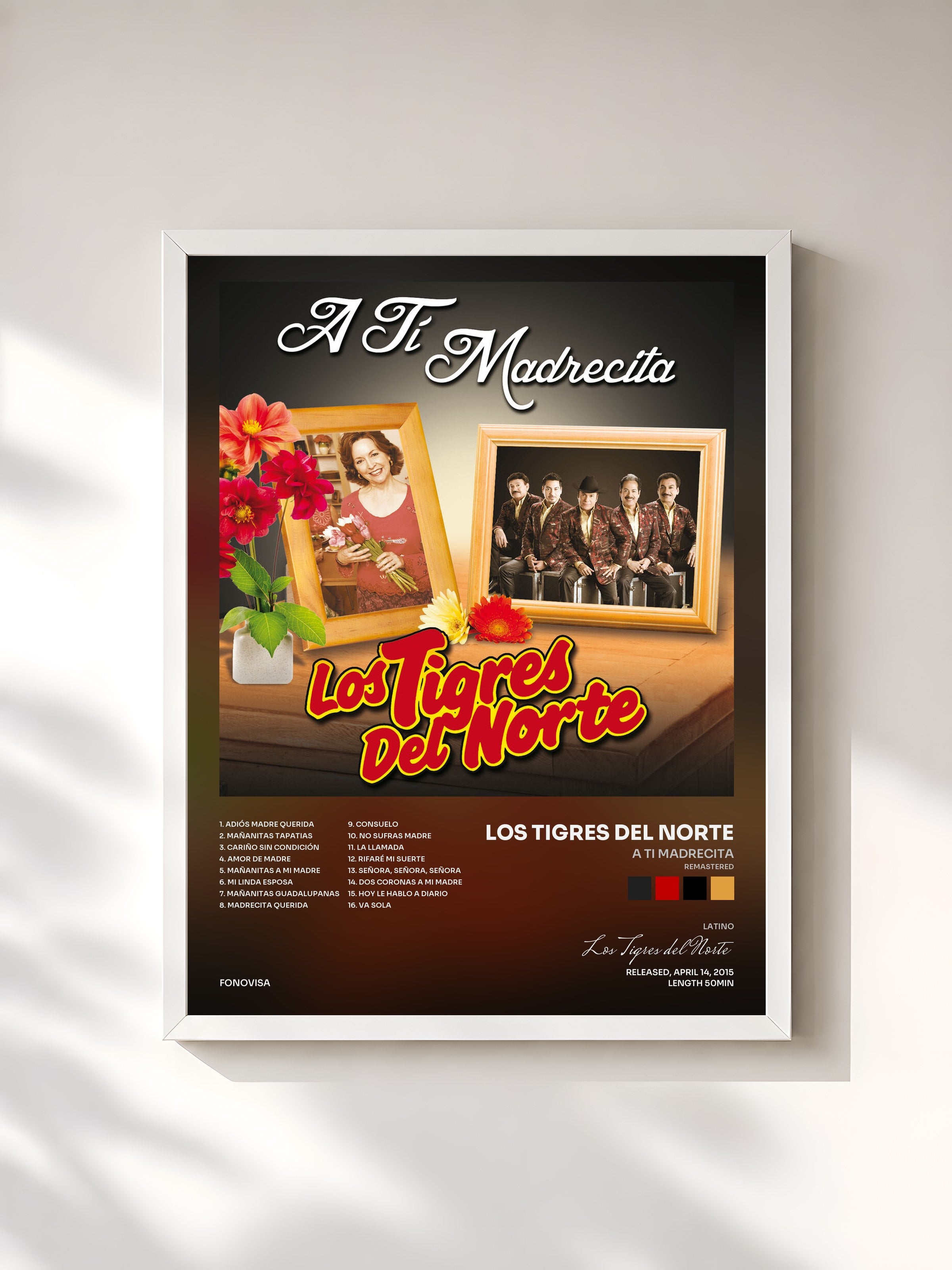 #blanc Tableau de l'album A Ti Madrecita (Remastered) de Los Tigres del Norte, cadre blanc, imprimé et encadré en France