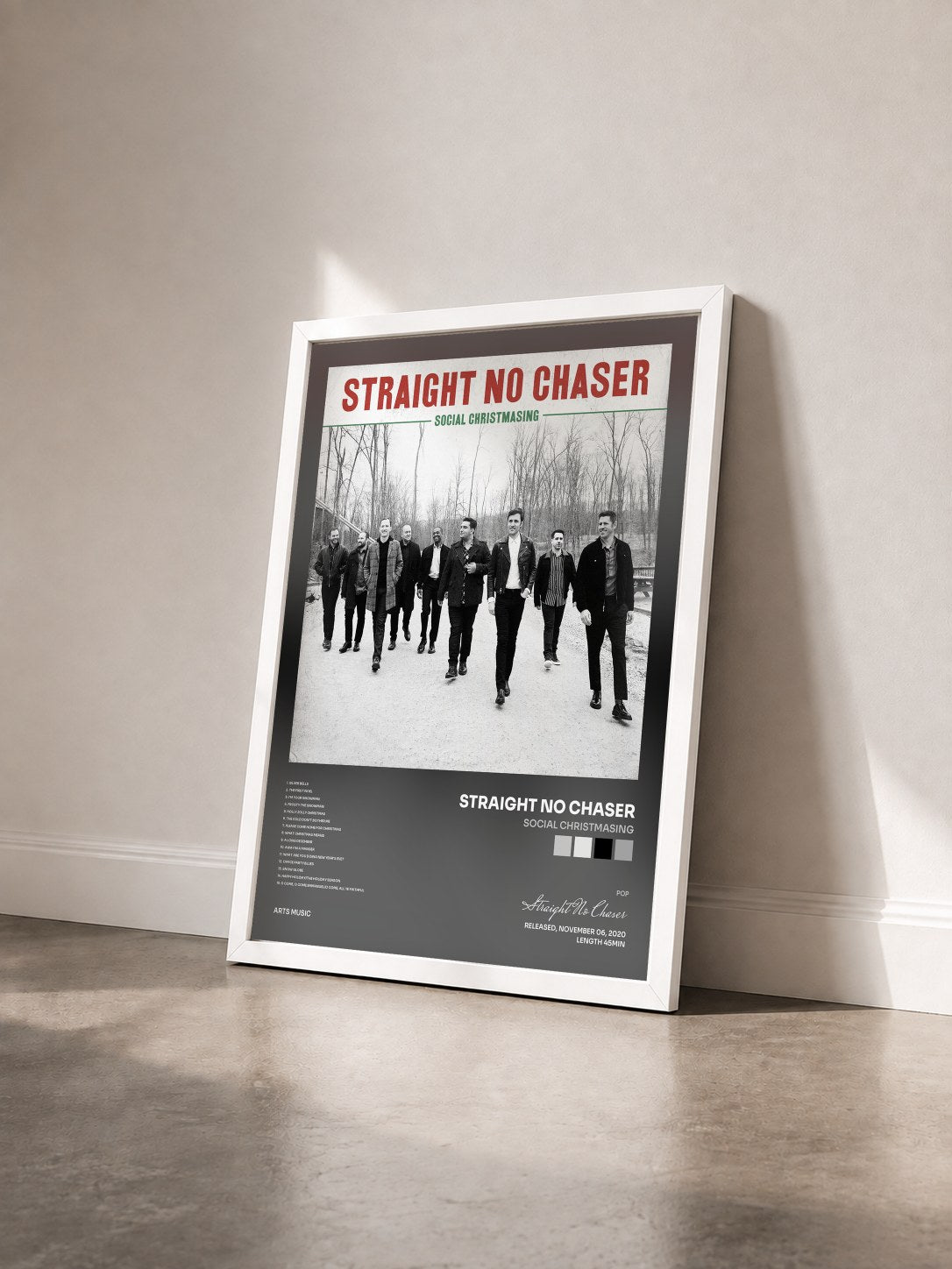 #blanc Tableau de l'album Social Christmasing de Straight No Chaser vu de trois quarts, cadre blanc
