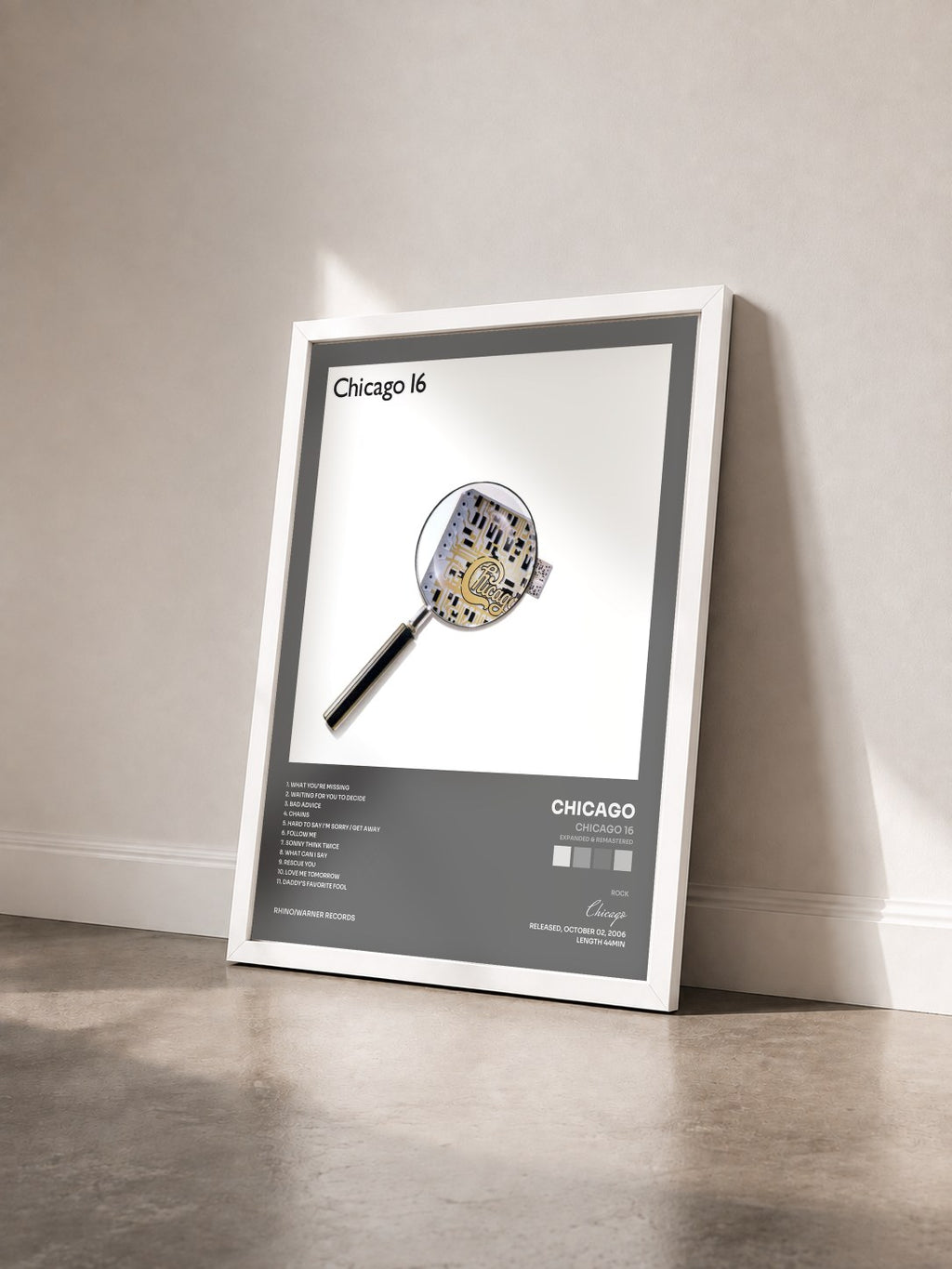 #blanc Chicago 16 (Expanded & Remastered) by Chicago as a framed art print seen at an angle, white frame