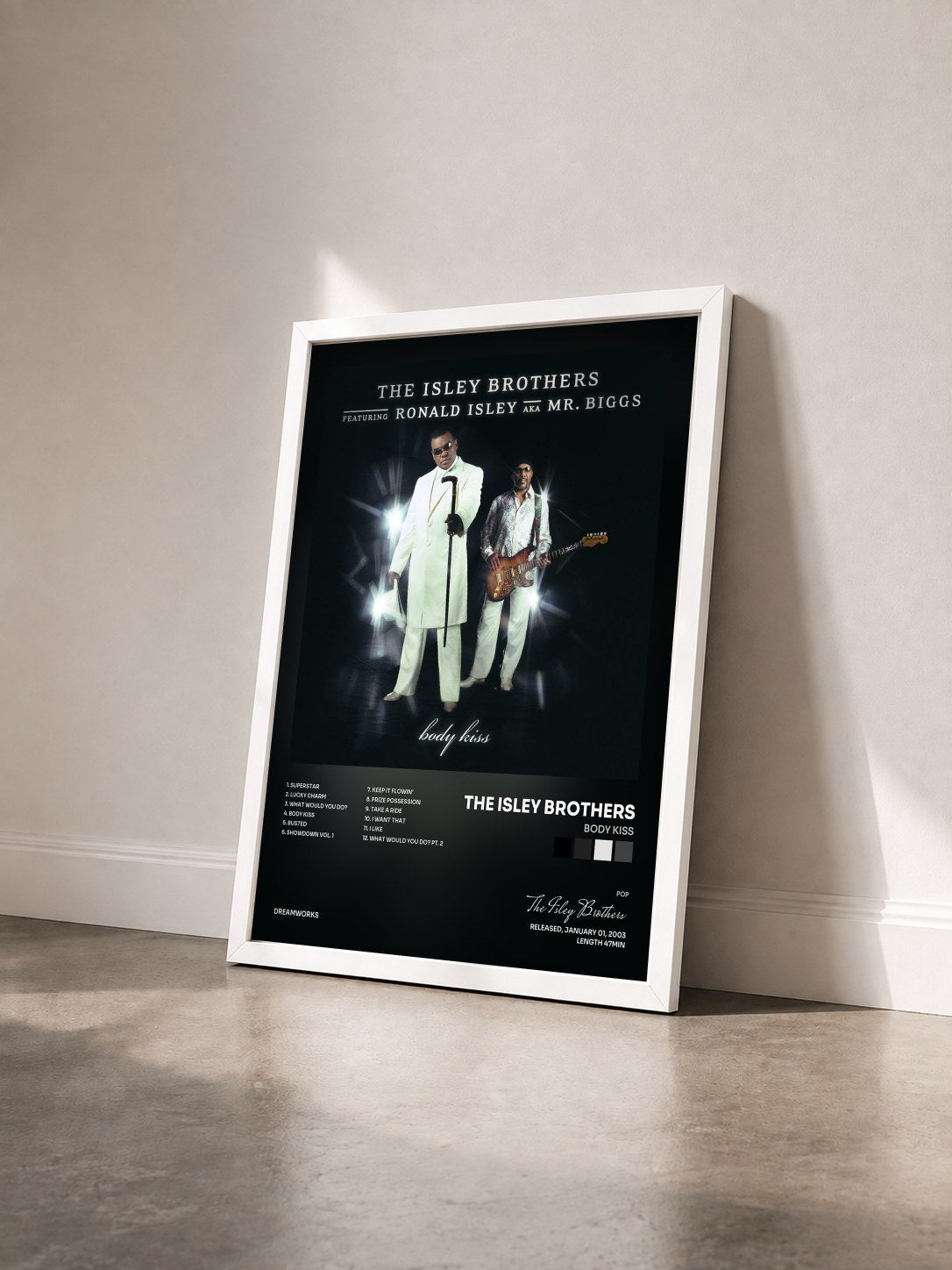 #blanc Tableau de l'album Body Kiss de The Isley Brothers vu de trois quarts, cadre blanc