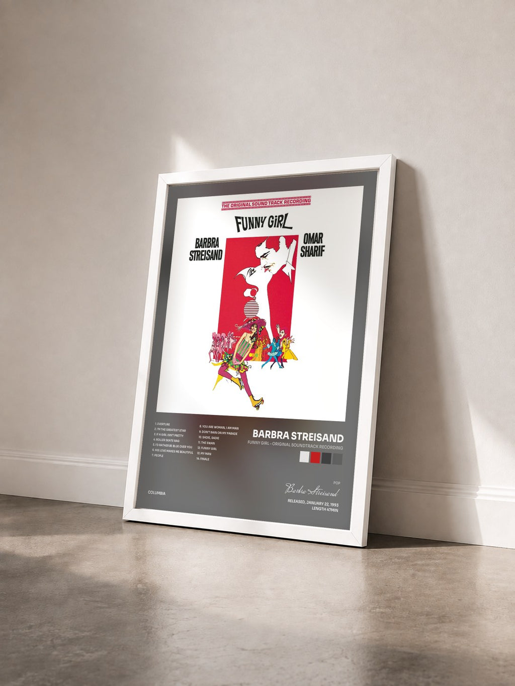 #blanc Funny Girl - Original Soundtrack Recording by Barbra Streisand as a framed art print seen at an angle, white frame