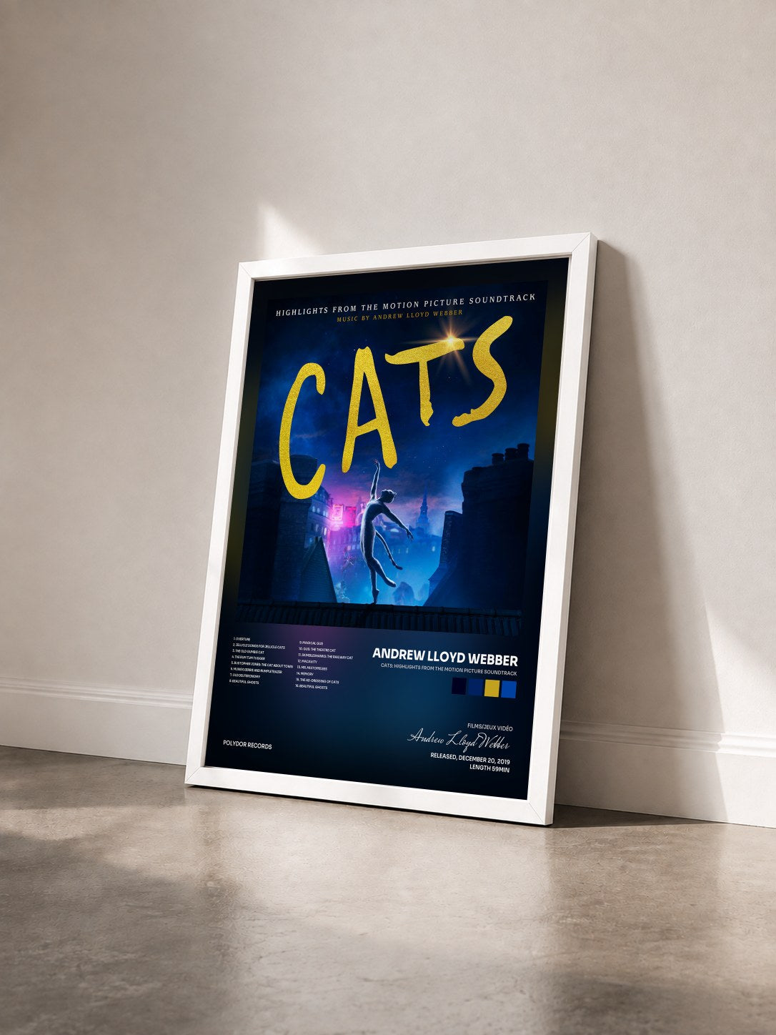 #blanc Tableau de l'album Cats: Highlights From The Motion Picture Soundtrack de Andrew Lloyd Webber vu de trois quarts, cadre blanc