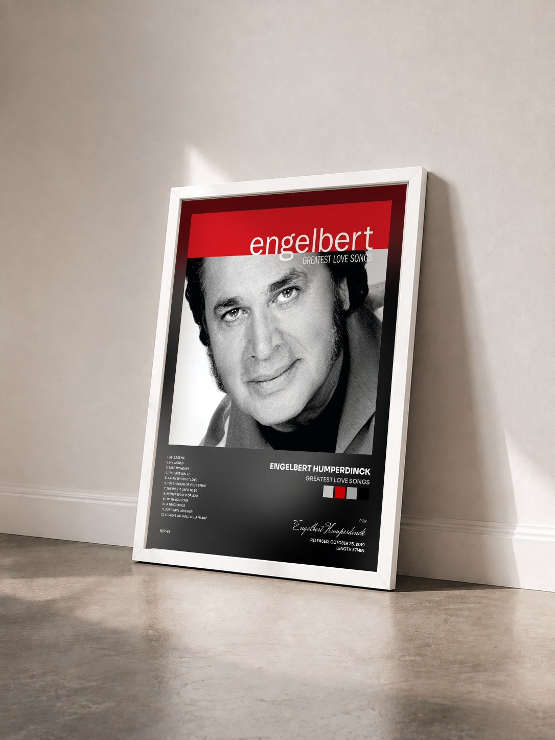 #blanc Tableau de l'album Greatest Love Songs de Engelbert Humperdinck vu de trois quarts, cadre blanc