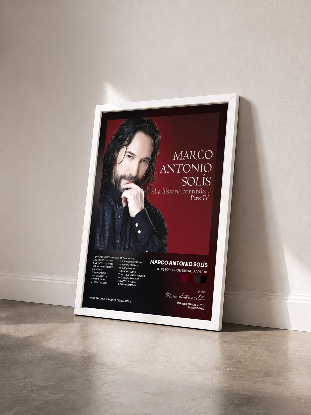 #blanc Tableau de l'album La Historia Continúa...Parte IV de Marco Antonio Solís vu de trois quarts, cadre blanc