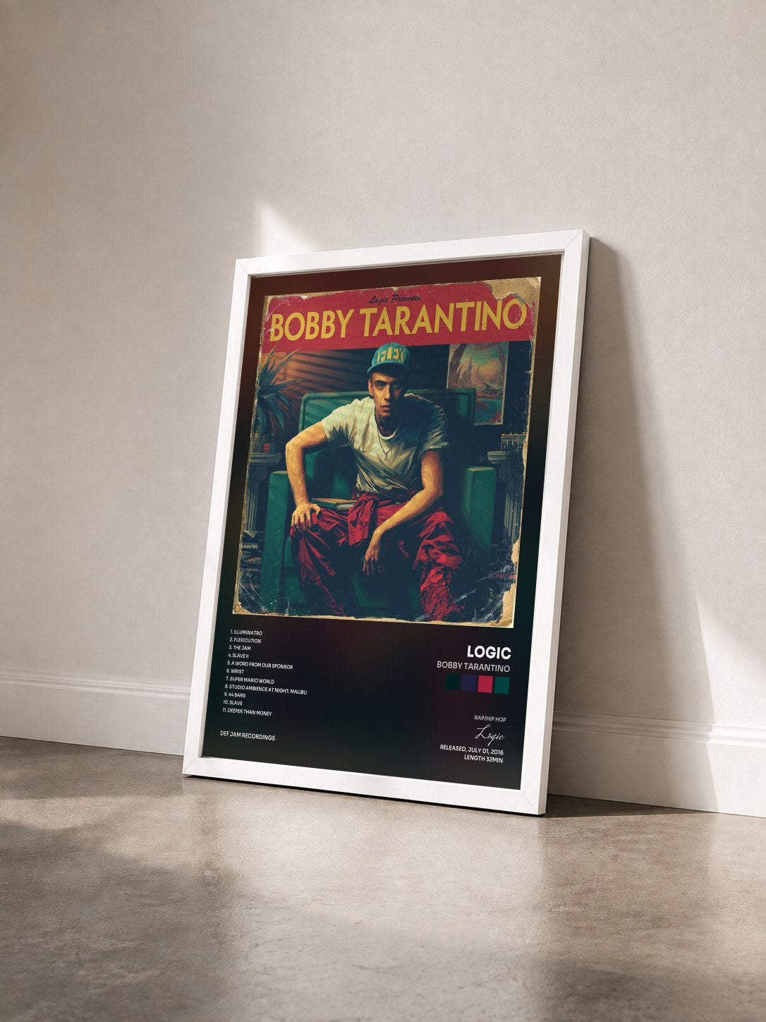 #blanc Bobby Tarantino de Logic en lámina enmarcada vista de tres cuartos, marco blanco