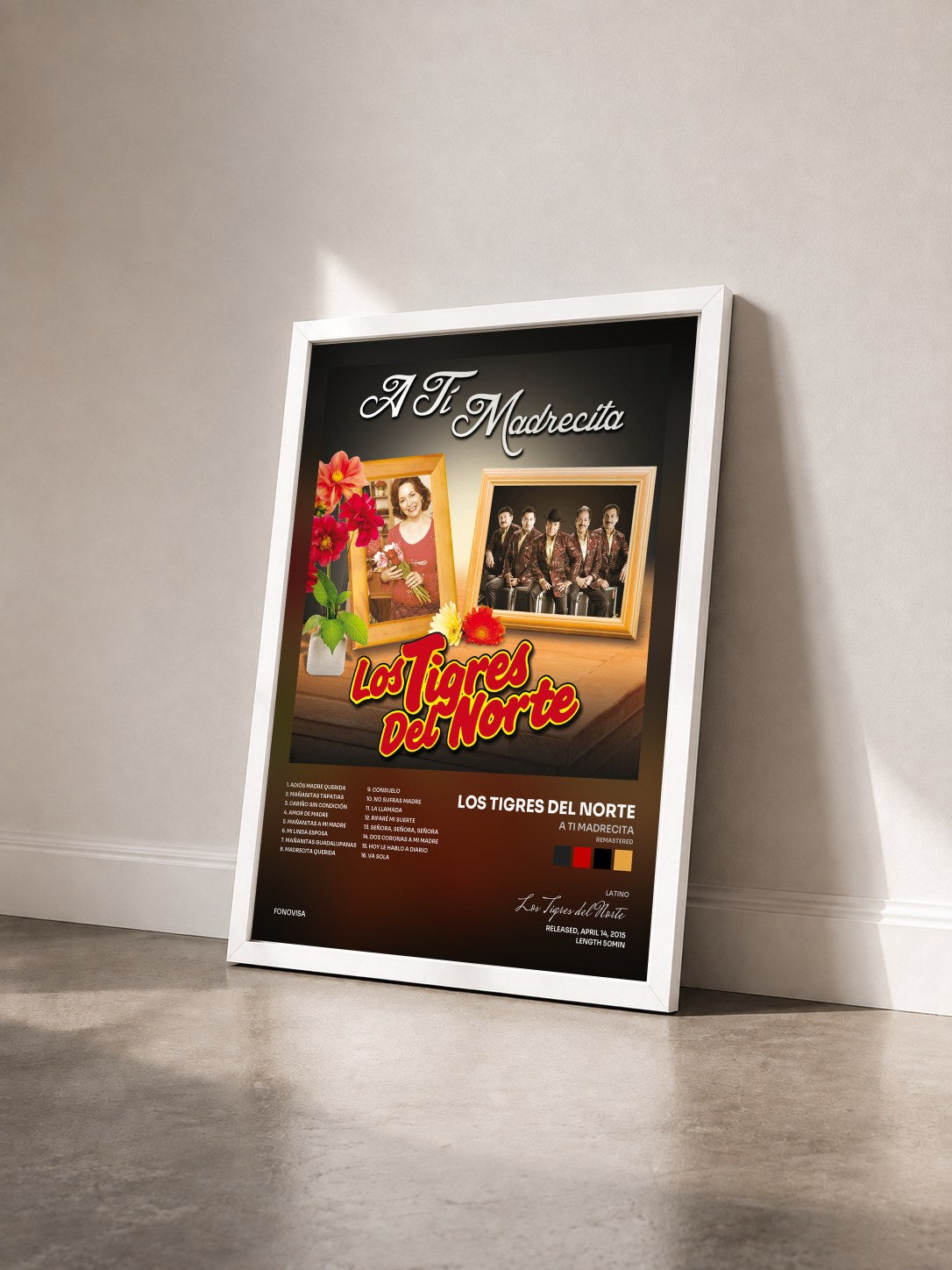 #blanc Tableau de l'album A Ti Madrecita (Remastered) de Los Tigres del Norte vu de trois quarts, cadre blanc