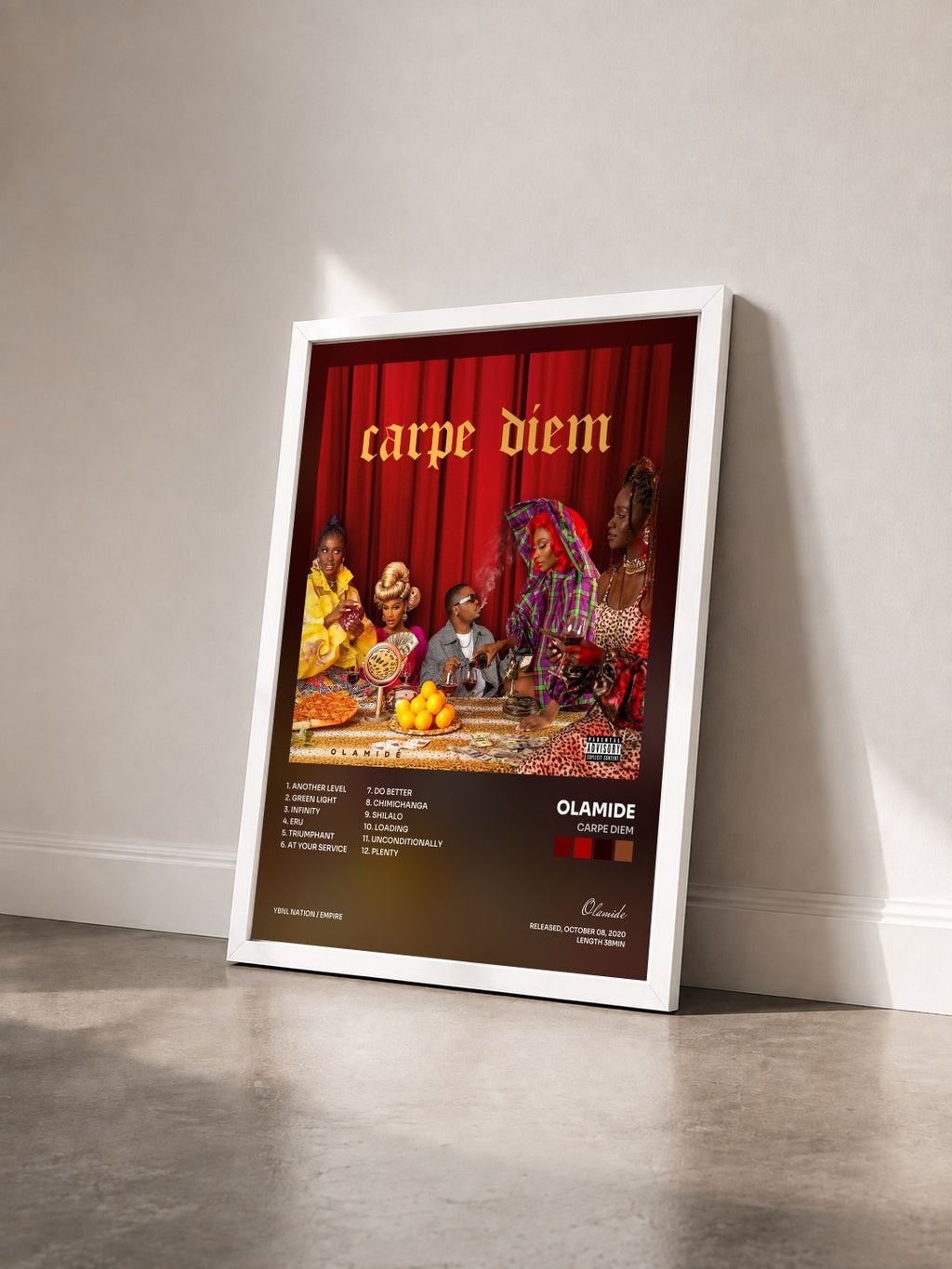 #blanc Tableau de l'album Carpe Diem de Olamide vu de trois quarts, cadre blanc