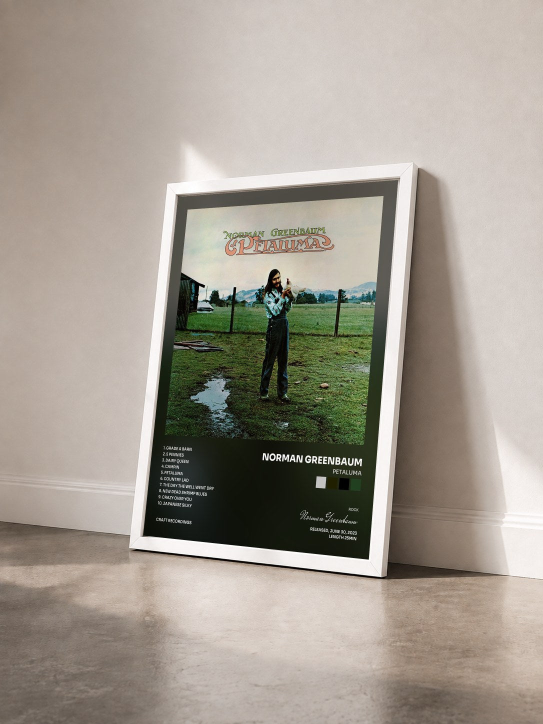 #blanc Tableau de l'album Petaluma de Norman Greenbaum vu de trois quarts, cadre blanc