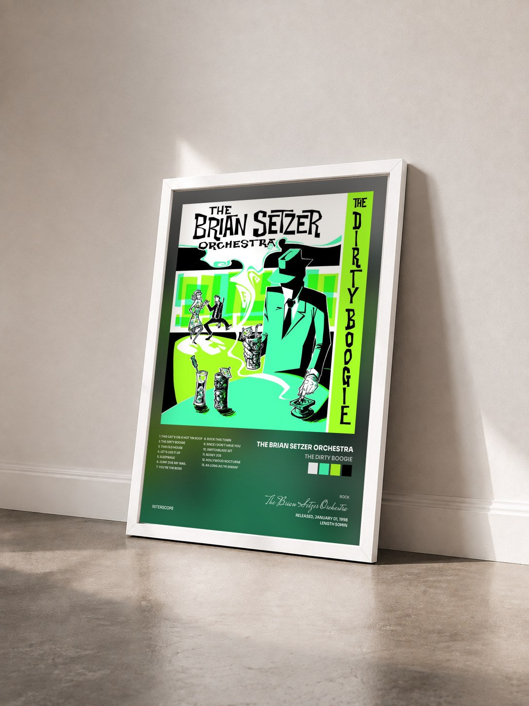 #blanc Tableau de l'album The Dirty Boogie de The Brian Setzer Orchestra vu de trois quarts, cadre blanc
