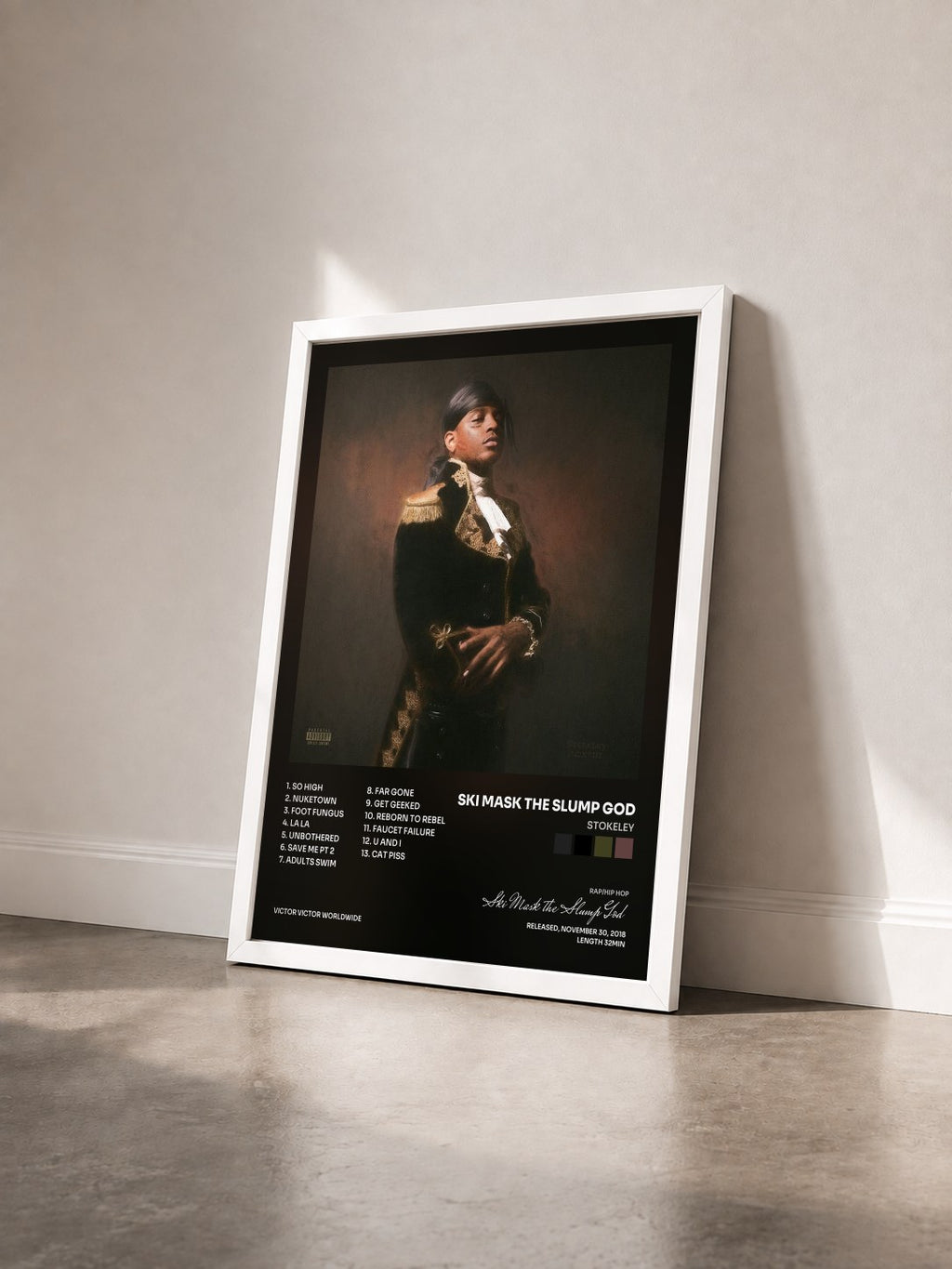 #blanc STOKELEY by Ski Mask the Slump God as a framed art print seen at an angle, white frame