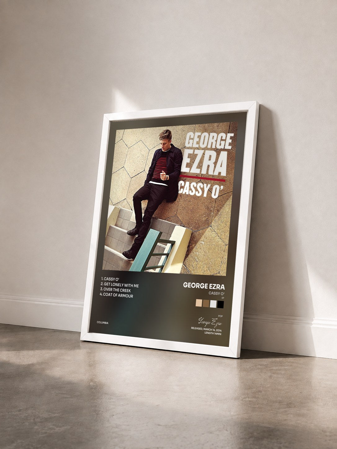 #blanc Tableau de l'album Cassy O' (EP) de George Ezra vu de trois quarts, cadre blanc