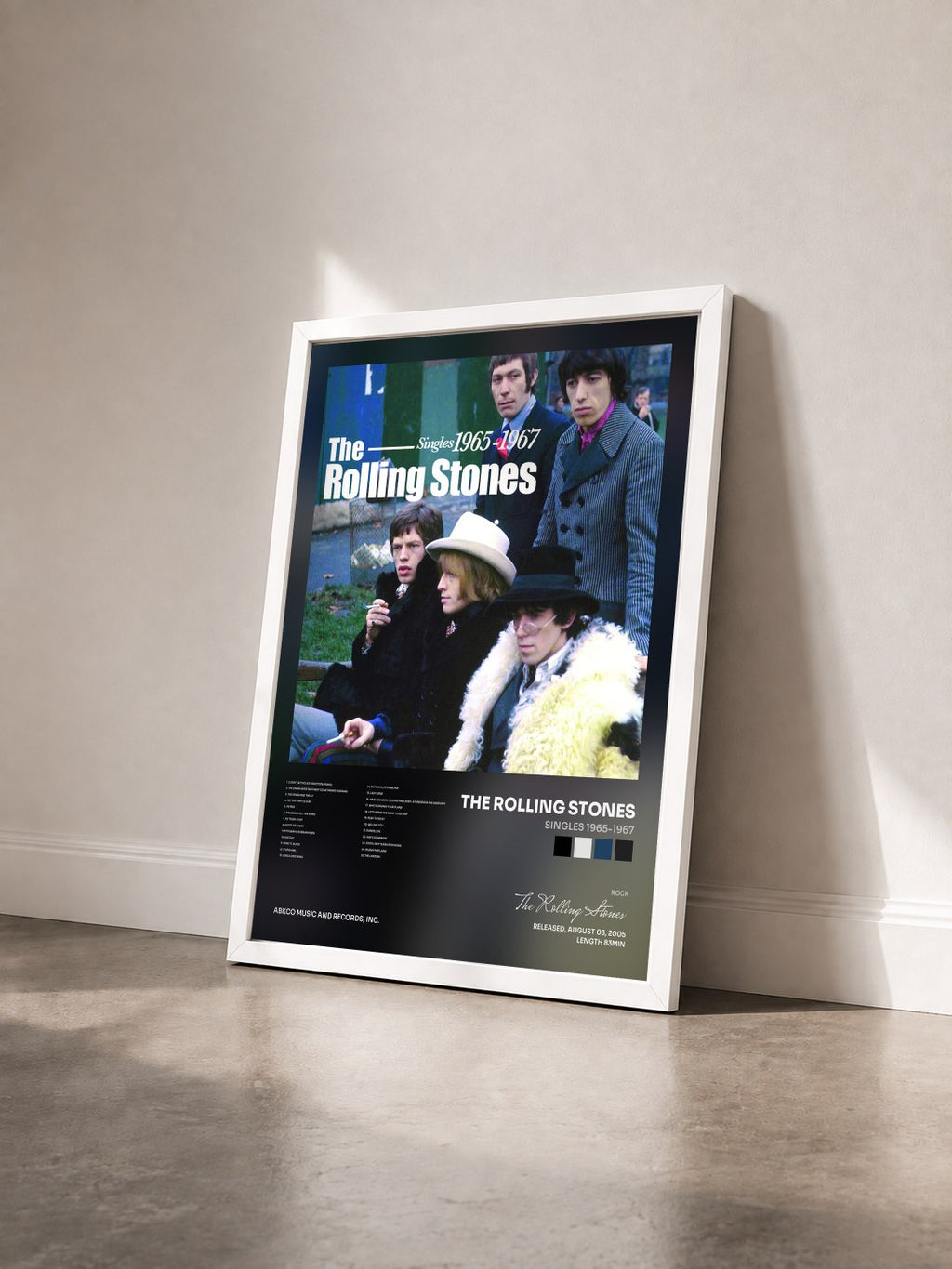 #blanc Tableau de l'album Singles 1965-1967 de The Rolling Stones vu de trois quarts, cadre blanc
