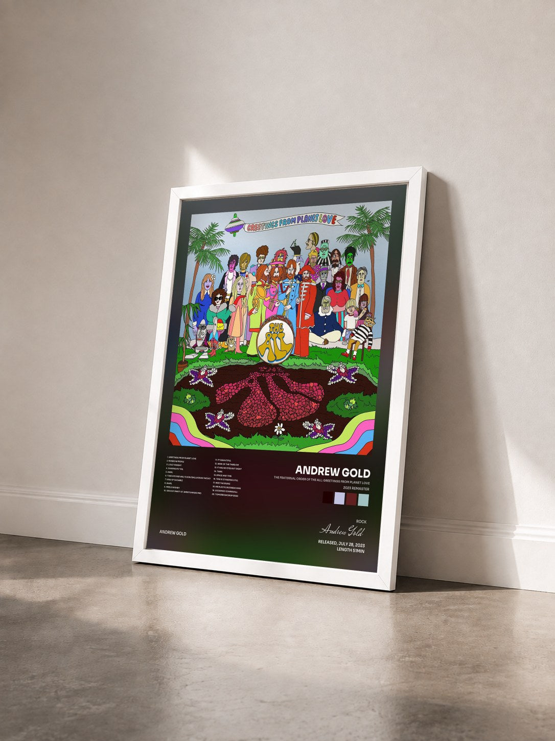 #blanc Tableau de l'album The Fraternal Order of the All: Greetings from Planet Love (2023 Remaster) de Andrew Gold vu de trois quarts, cadre blanc