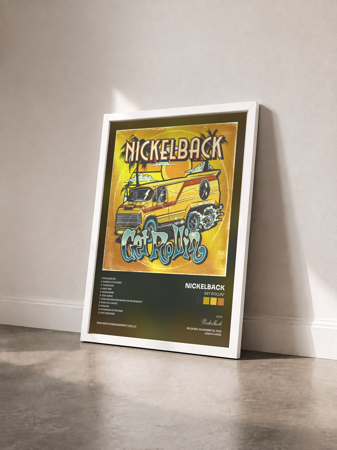 #blanc Tableau de l'album Get Rollin' de Nickelback vu de trois quarts, cadre blanc