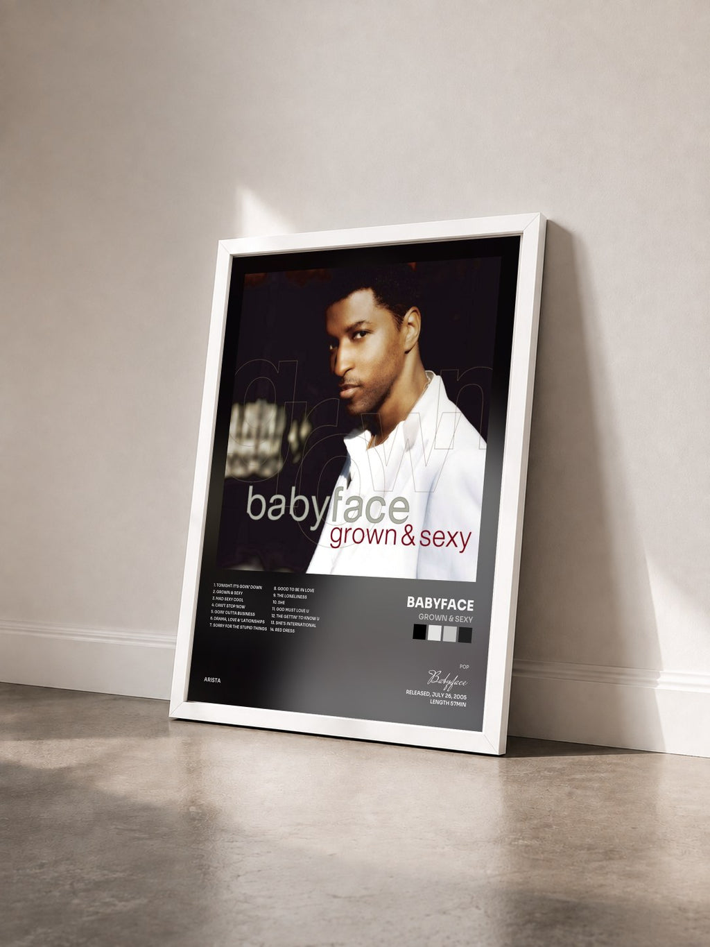 #blanc Tableau de l'album Grown & Sexy de Babyface vu de trois quarts, cadre blanc