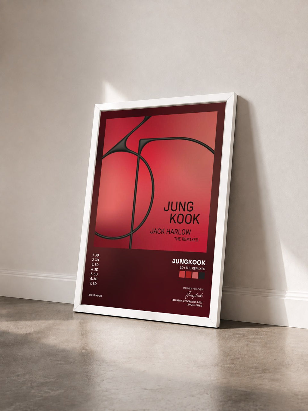 #blanc 3D : The Remixes di Jungkook in stampa incorniciata vista di tre quarti, cornice bianca