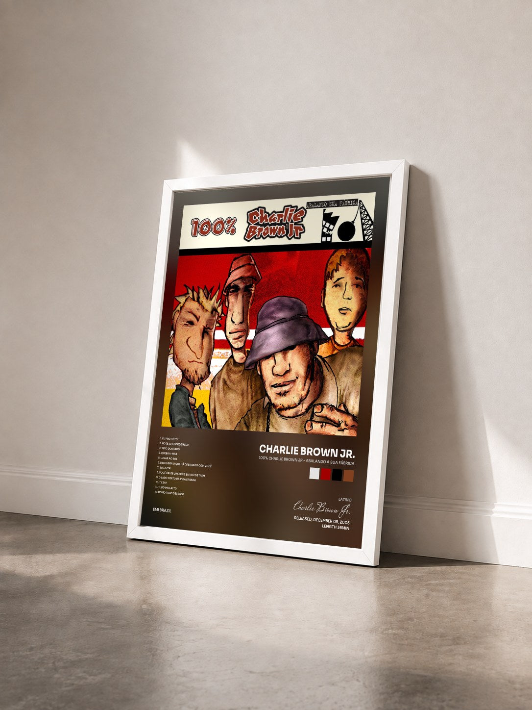 #blanc Tableau de l'album 100% Charlie Brown Jr - Abalando A Sua Fábrica de Charlie Brown Jr. vu de trois quarts, cadre blanc