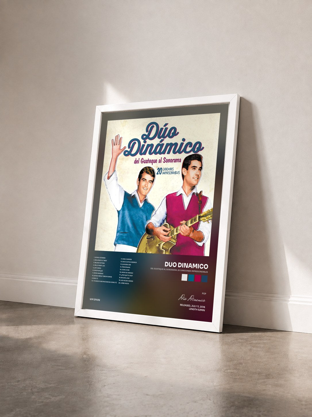 #blanc Tableau de l'album Del guateque al Sonorama. 20 Canciones Imprescindibles de Duo Dinamico vu de trois quarts, cadre blanc