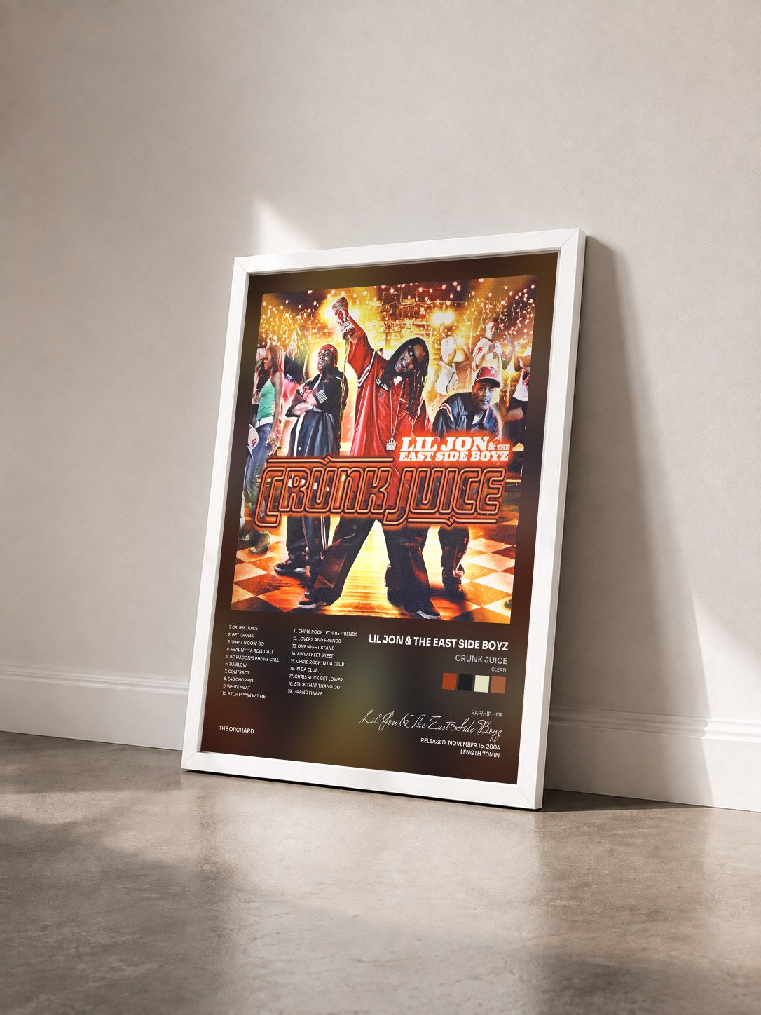 #blanc Tableau de l'album Crunk Juice (Clean) de Lil Jon & The East Side Boyz vu de trois quarts, cadre blanc