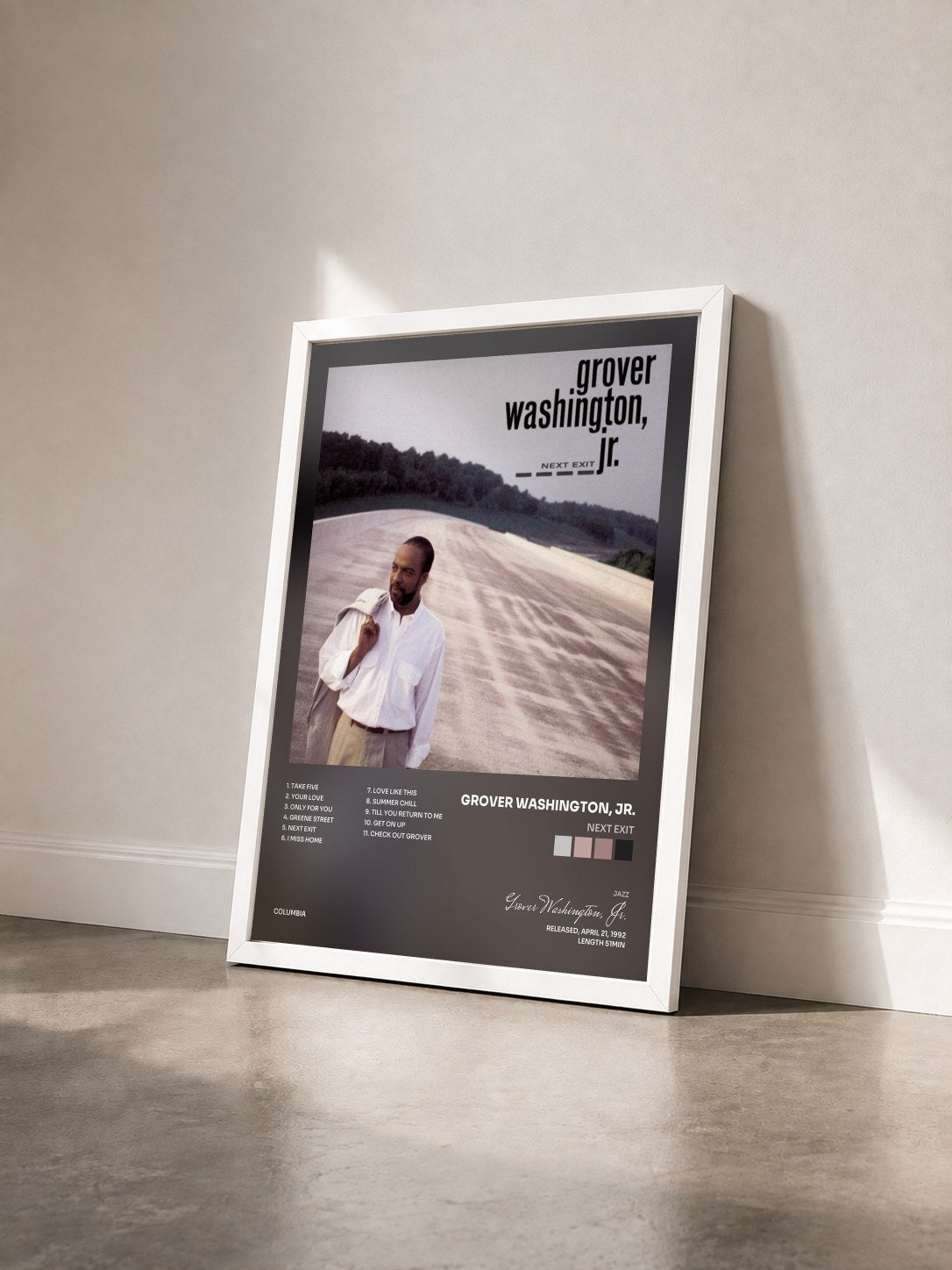 #blanc Tableau de l'album Next Exit de Grover Washington, Jr. vu de trois quarts, cadre blanc