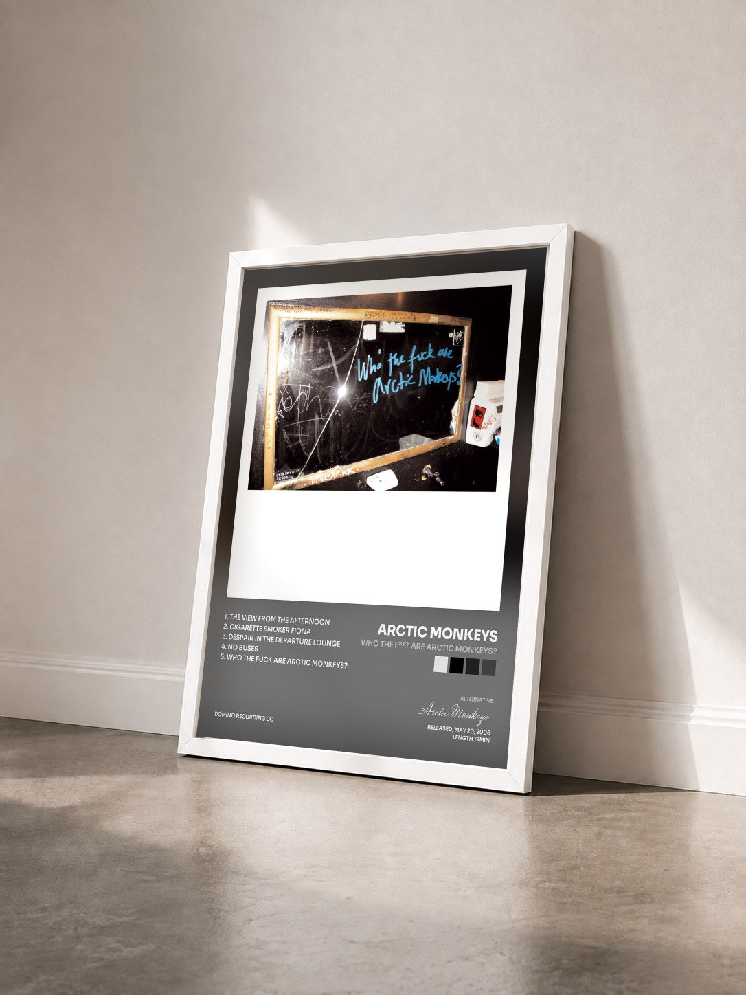 #blanc Tableau de l'album Who The F*** Are Arctic Monkeys? de Arctic Monkeys vu de trois quarts, cadre blanc