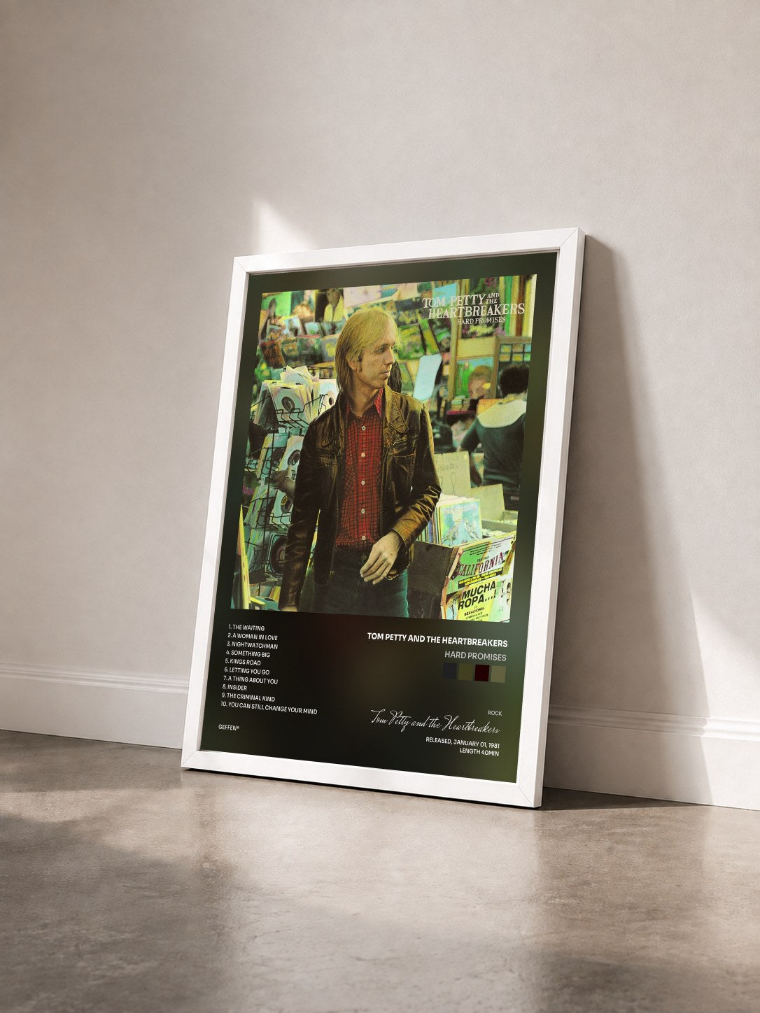#blanc Tableau de l'album Hard Promises de Tom Petty and the Heartbreakers vu de trois quarts, cadre blanc