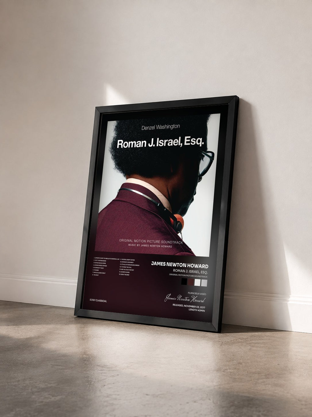 #noir Roman J. Israel, Esq. (Original Motion Picture Soundtrack) de James Newton Howard en lámina enmarcada vista de tres cuartos, marco negro