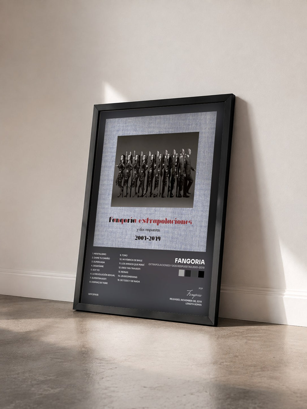#noir Tableau de l'album Extrapolaciones y dos respuestas 2001-2019 de Fangoria vu de trois quarts, cadre noir
