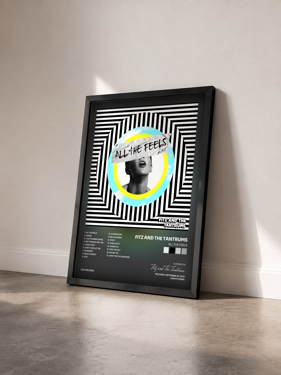 #noir Tableau de l'album All the Feels de Fitz and The Tantrums vu de trois quarts, cadre noir