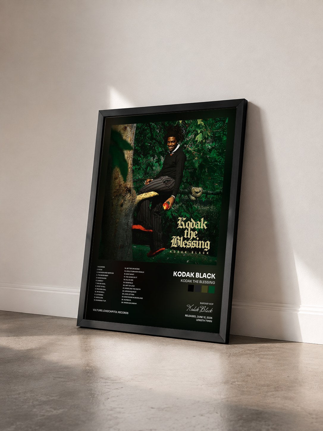 #noir Tableau de l'album Kodak The Blessing de Kodak Black vu de trois quarts, cadre noir