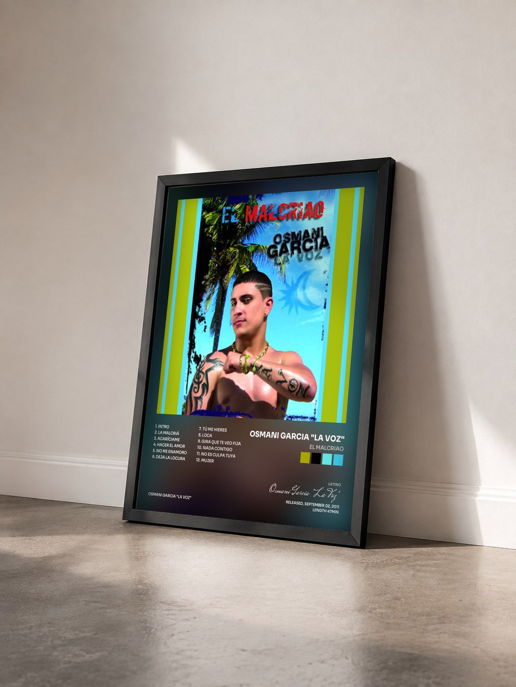 #noir Tableau de l'album El Malcriao de Osmani Garcia "La Voz" vu de trois quarts, cadre noir