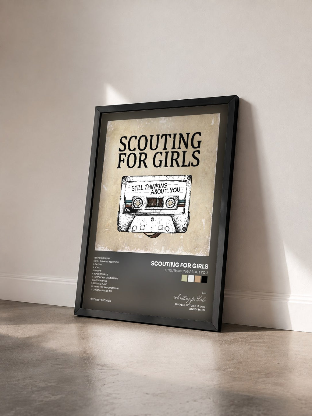 #noir Tableau de l'album Still Thinking About You de Scouting for Girls vu de trois quarts, cadre noir