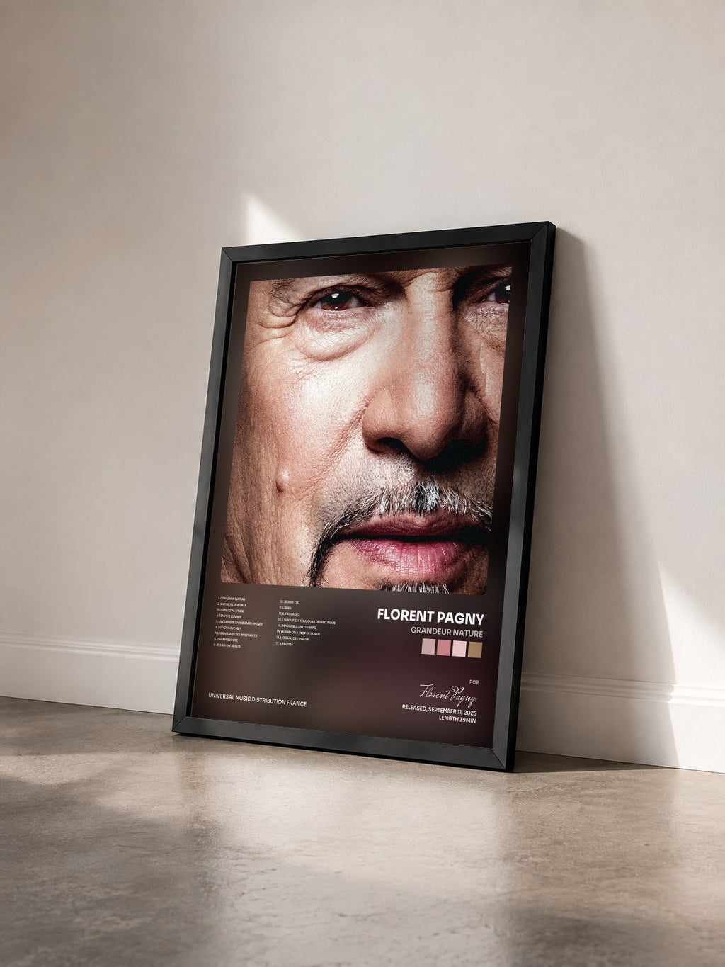 #noir Tableau de l'album Grandeur Nature de Florent Pagny vu de trois quarts, cadre noir