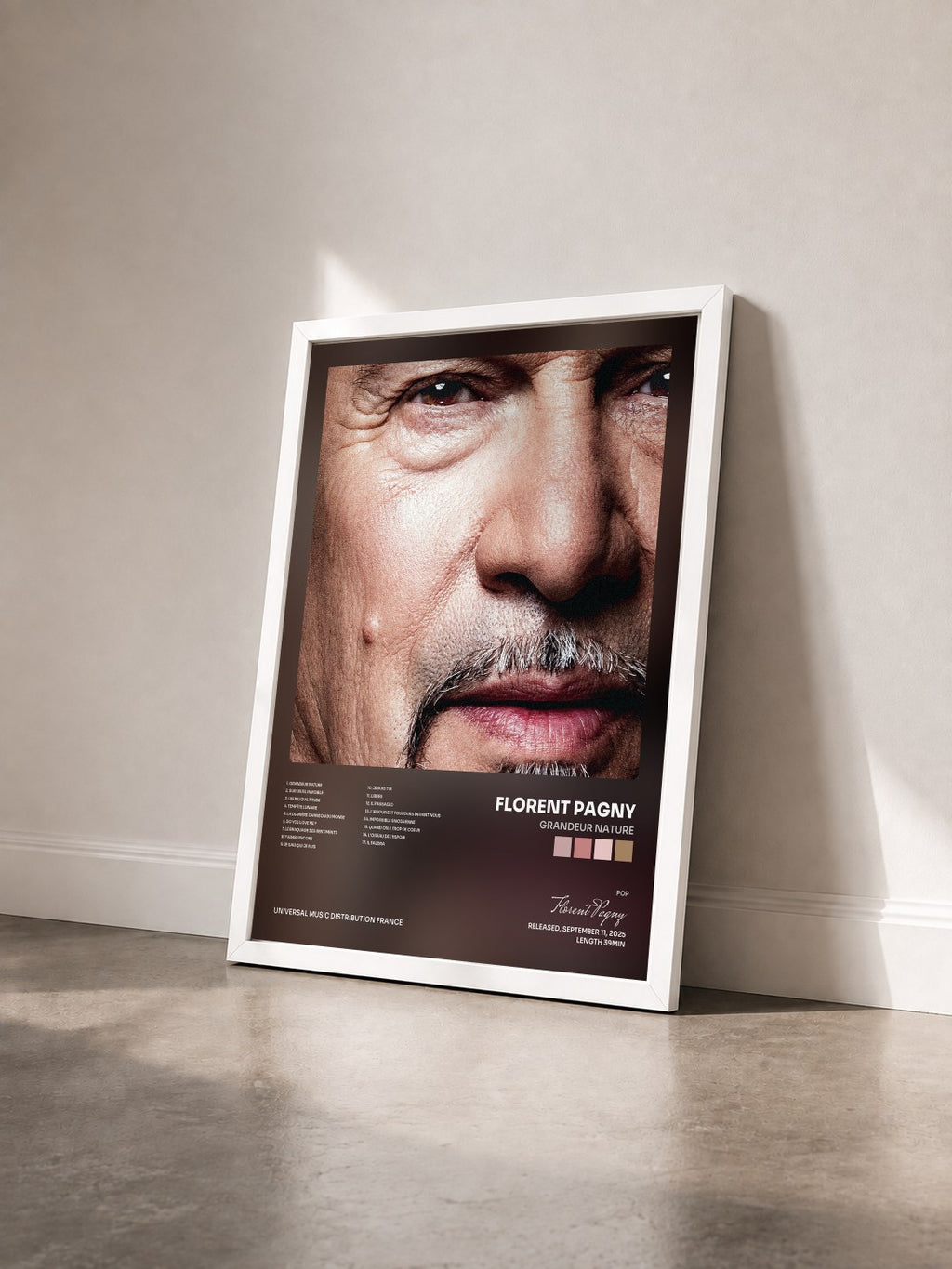 #blanc Tableau de l'album Grandeur Nature de Florent Pagny vu de trois quarts, cadre blanc