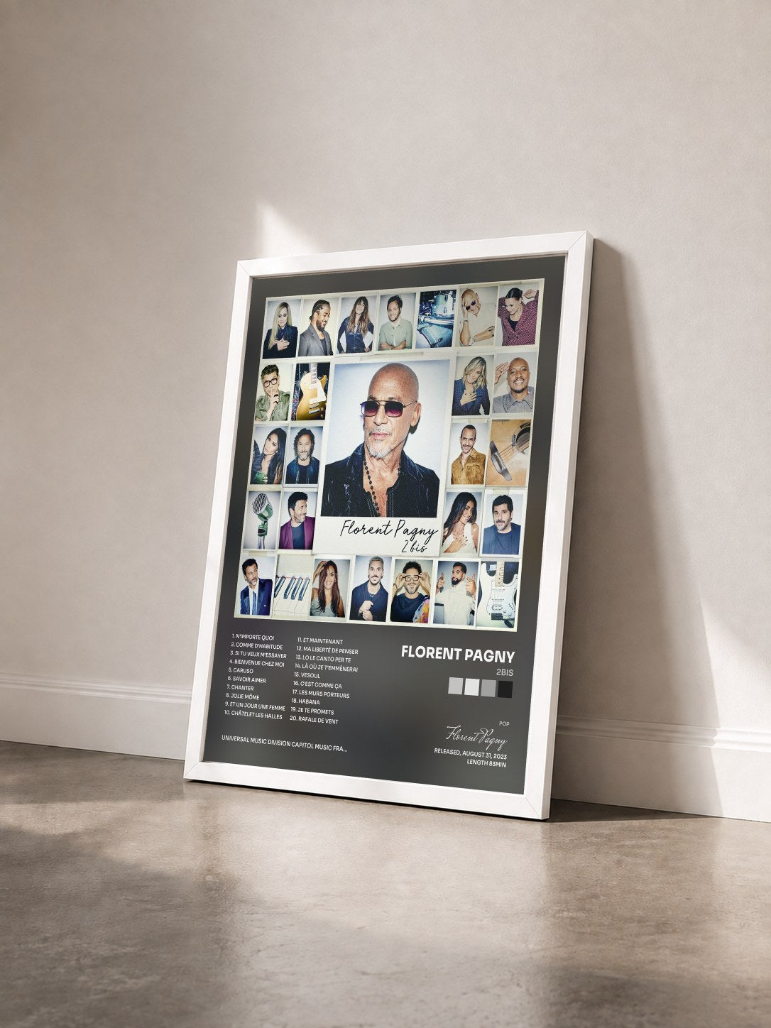 #blanc Tableau de l'album 2bis de Florent Pagny vu de trois quarts, cadre blanc
