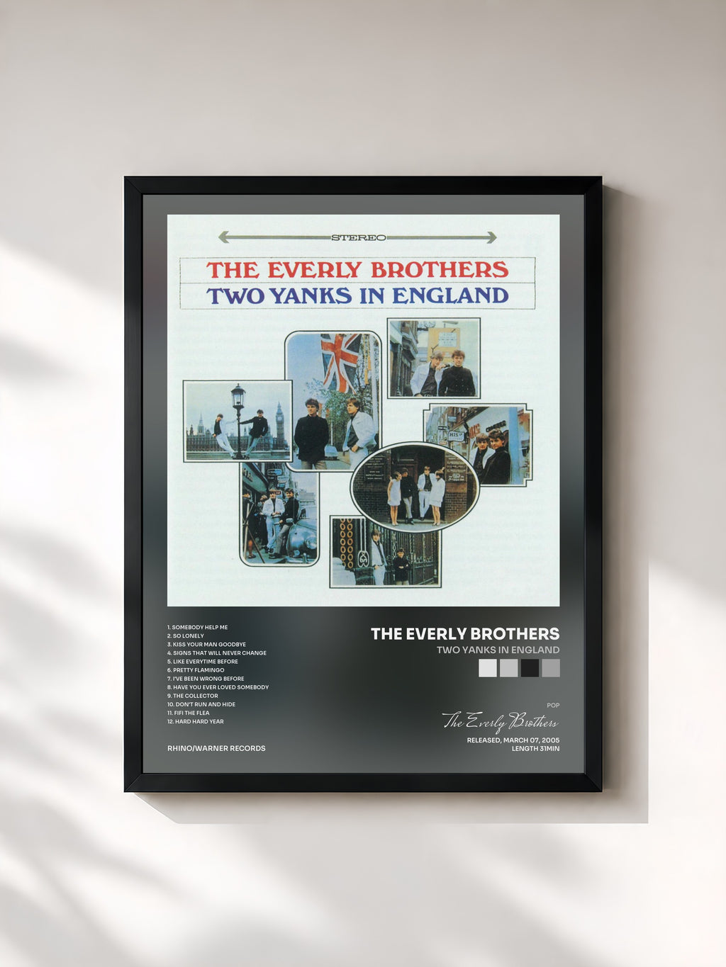 #noir Tableau de l'album Two Yanks In England de The Everly Brothers, cadre noir, imprimé et encadré en France