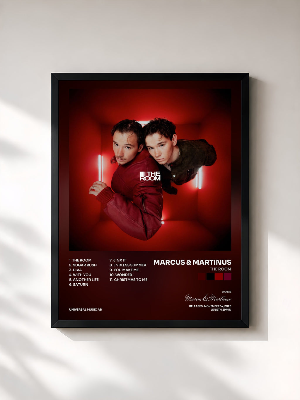#noir Tableau de l'album The Room de Marcus & Martinus, cadre noir, imprimé et encadré en France