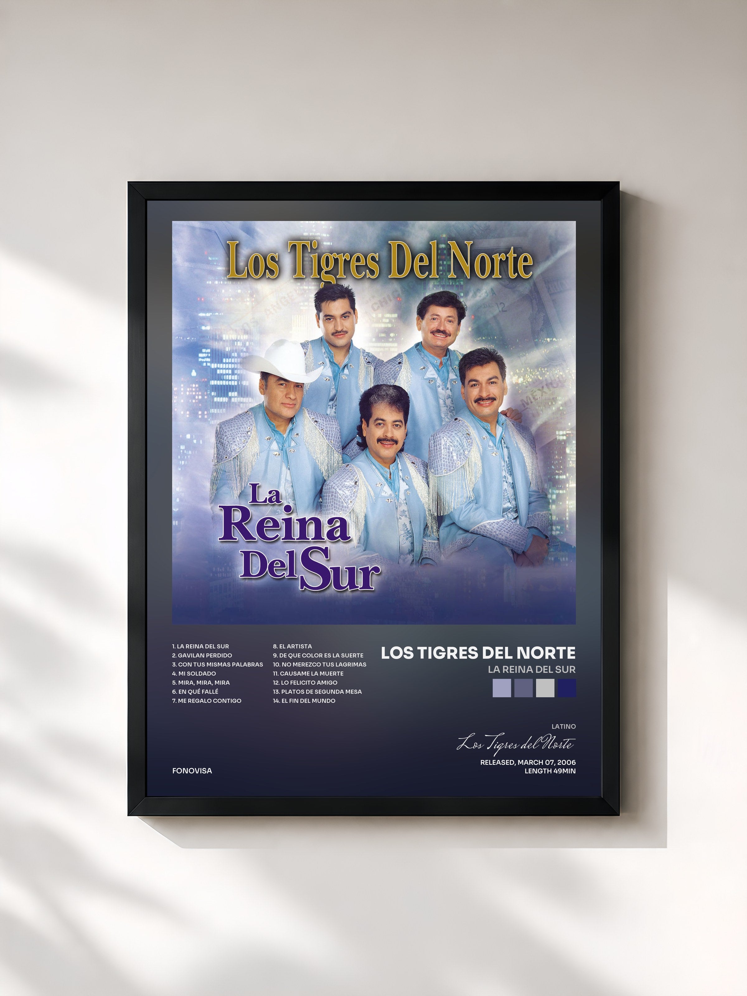 #noir Tableau de l'album La Reina Del Sur de Los Tigres del Norte, cadre noir, imprimé et encadré en France