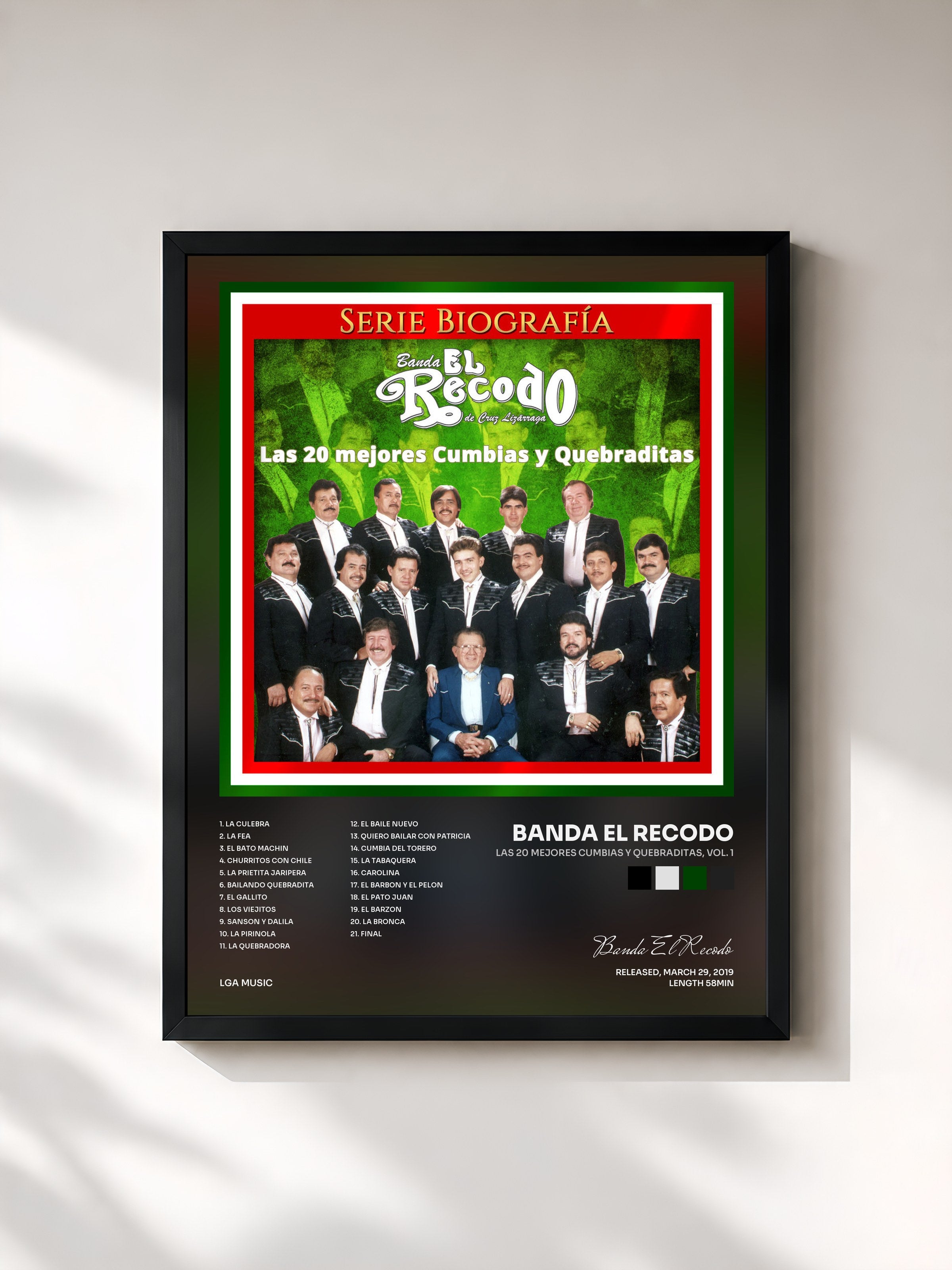 #noir Tableau de l'album Las 20 Mejores Cumbias y Quebraditas, Vol. 1 de Banda El Recodo, cadre noir, imprimé et encadré en France