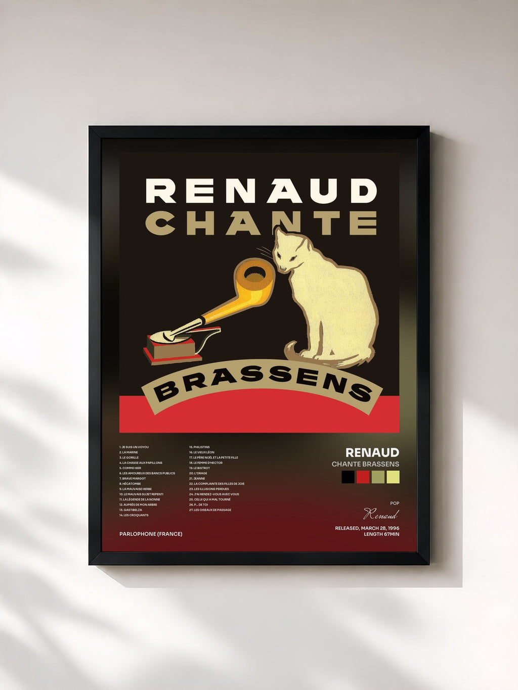 #noir Tableau de l'album Chante Brassens de Renaud, cadre noir, imprimé et encadré en France