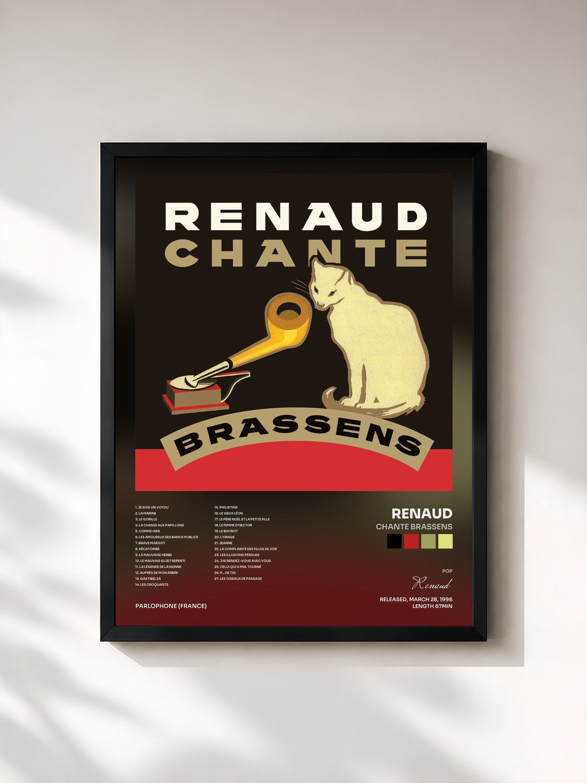 #noir Tableau de l'album Chante Brassens de Renaud, cadre noir, imprimé et encadré en France