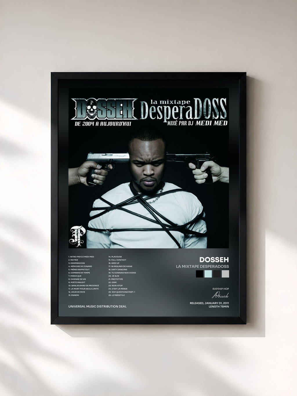 #noir Tableau de l'album La Mixtape Desperadoss de Dosseh, cadre noir, imprimé et encadré en France
