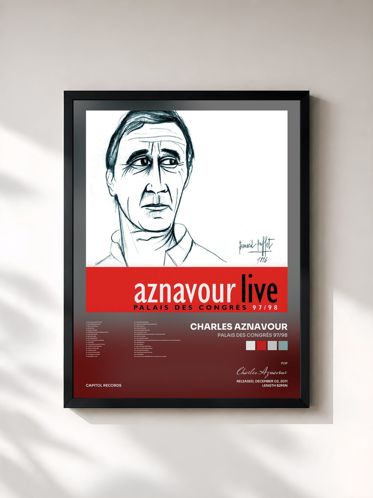 #noir Tableau de l'album Palais des Congrès 97/98 de Charles Aznavour, cadre noir, imprimé et encadré en France