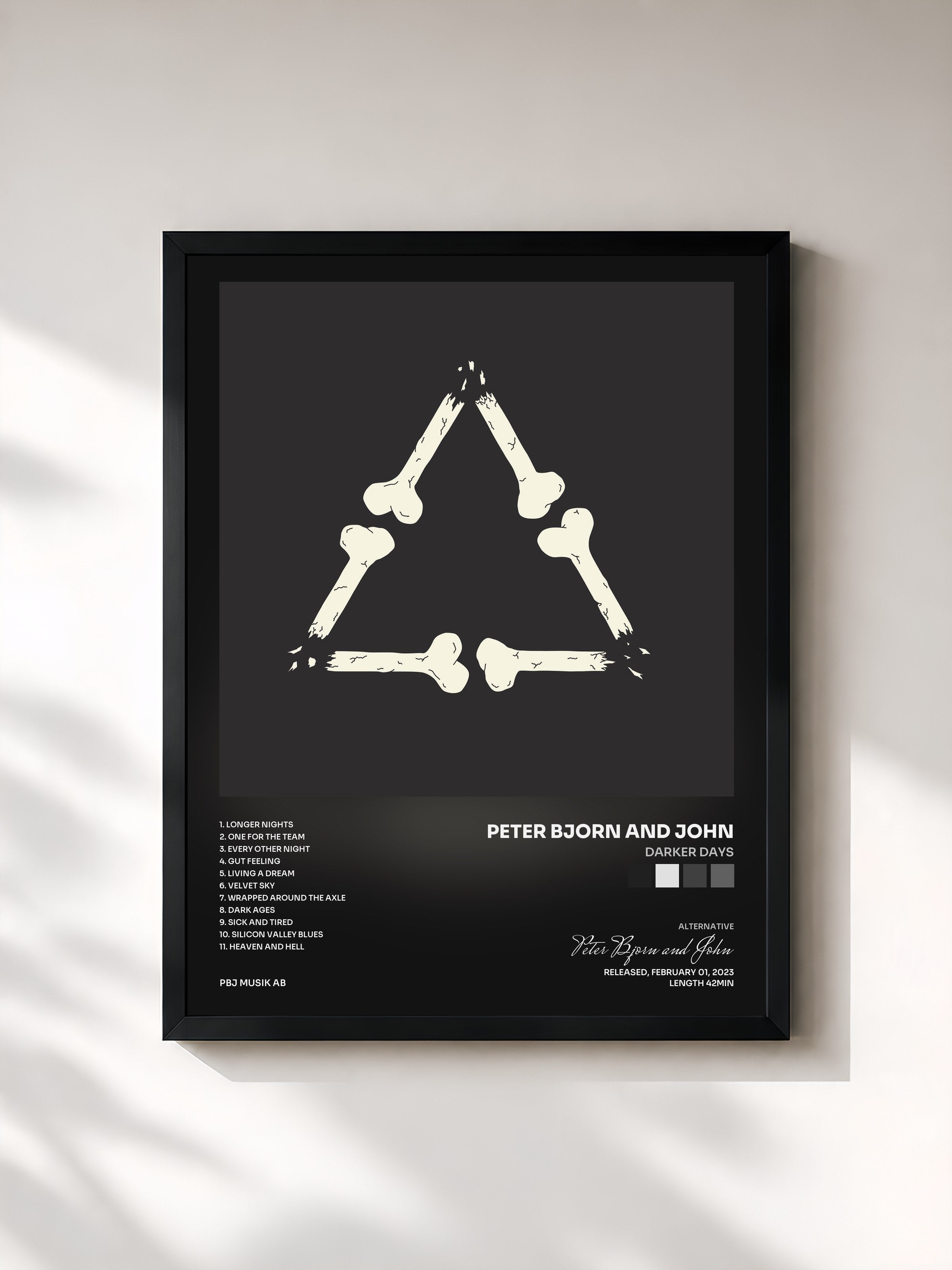 #noir Tableau de l'album Darker Days de Peter Bjorn and John, cadre noir, imprimé et encadré en France