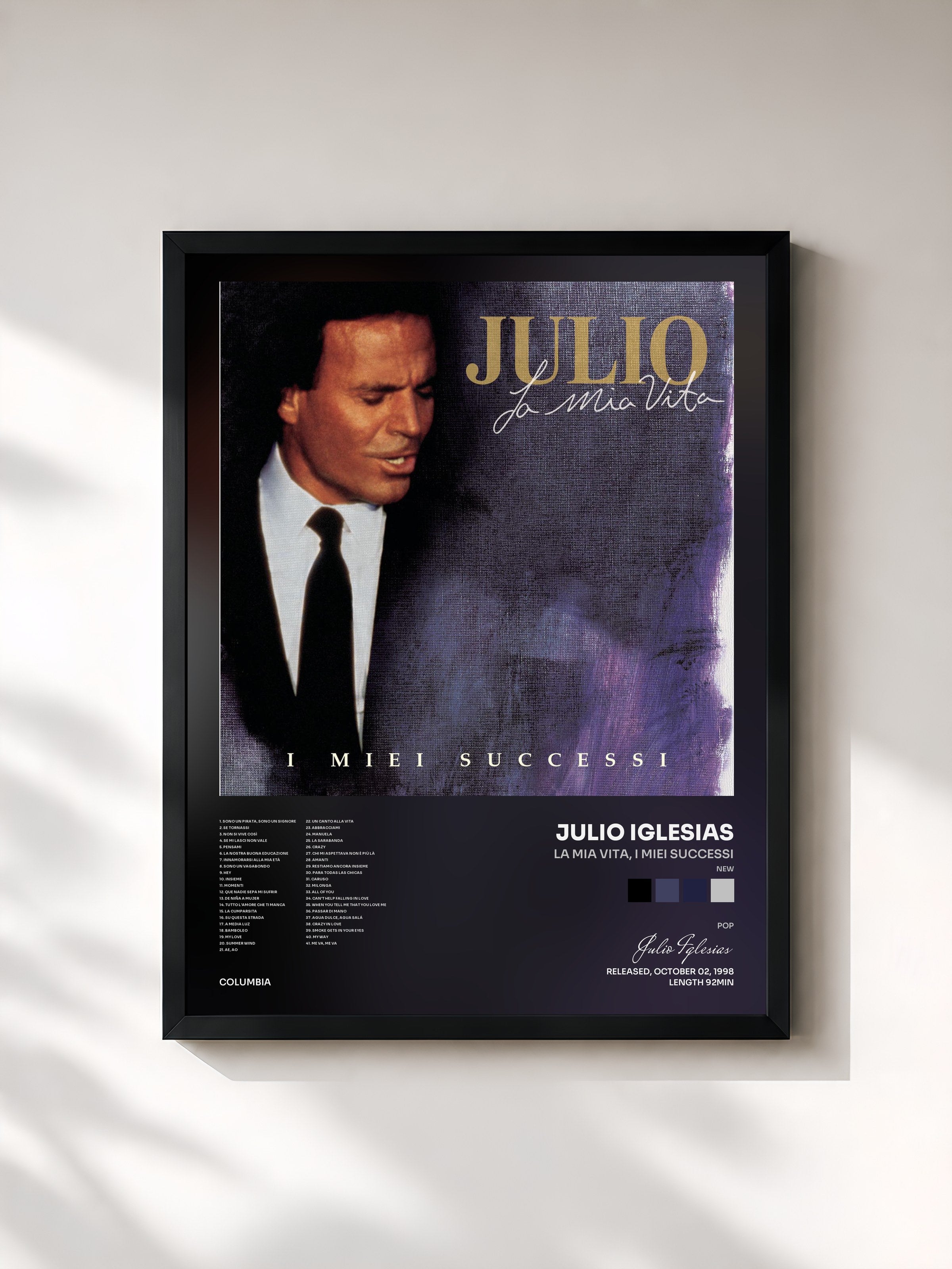 #noir Tableau de l'album La Mia Vita, I Miei Successi (New) de Julio Iglesias, cadre noir, imprimé et encadré en France